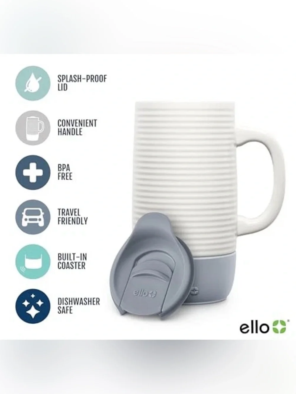 Ello Jane 18oz Teal Ceramic Travel Mug with Splash Resistant Lid and Handle-NWOB